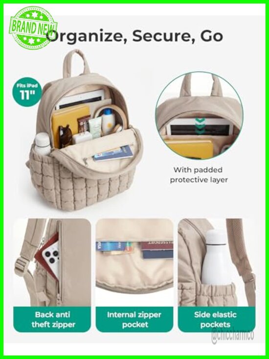 2-in-1 Puffy Quilted Mini Backpack for Women, Lightweight Water-Resistant